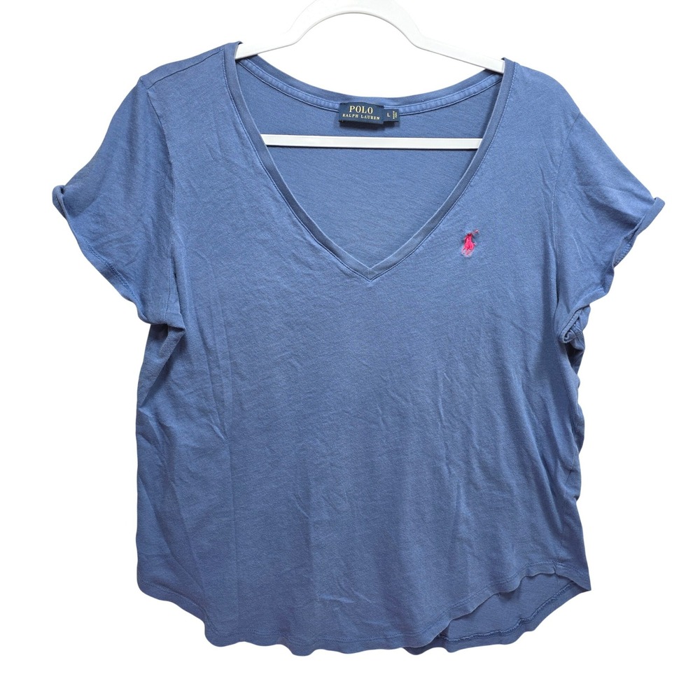 Polo Ralph Lauren Womens Vneck Tshirt Pink Pony Logo Large Tee Preppy Casual